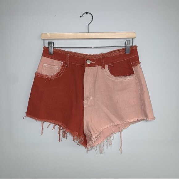 SHEIN Shorts Size Medium Orange Peach Colour Block Cut Off Hem Patch Pockets - Picture 2 of 8